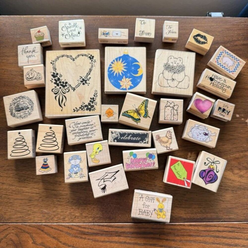 Lot of 33 Wood Mounted Rubber Stamps Mixed Brands Holiday Craft Card Making